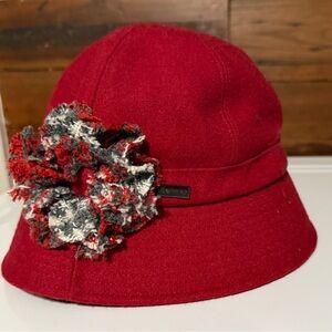 Betmar Red Cloche Hat with Floral Accent